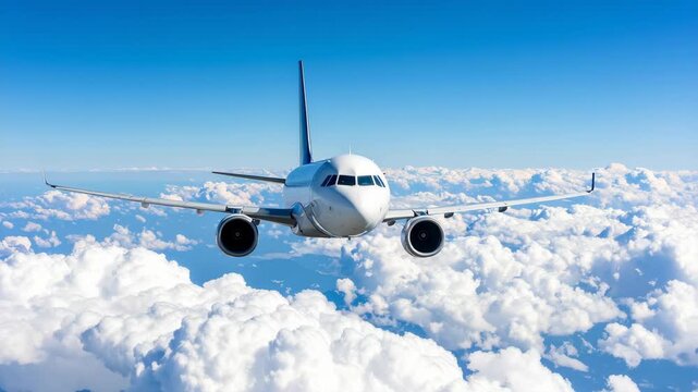 Frontal view of a passenger jet aircraft cruising high above a thick layer of cumulus clouds under a bright blue sky