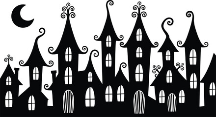 Spooky Haunted House Silhouette with Crescent Moon, Halloween Gothic Town Skyline Vector Illustration Isolated on White Background for Party Decoration and Branding