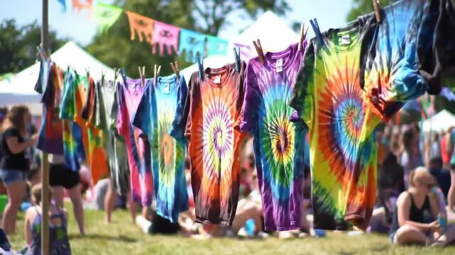 A vibrant outdoor scene features a clothesline strung with a row of tie-dye t-shirts. The shirts showcase a multitude of colors. Behind, a crowd gathers