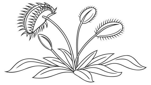 Delicate Venus flytrap plant with open and closed traps in a simple line drawing.