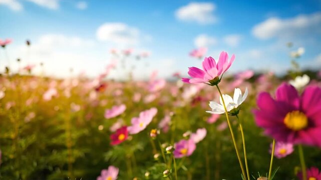 Vibrant Cosmos Flowers in Sunny Meadow.
