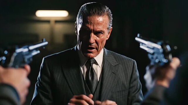 White mob boss confronted by guns, dimly lit interrogation room, suited older white man speaks with authority and menace while two pistols aimed from offscreen, dramatic rim lighting, tense closeup,