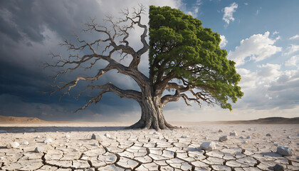 Tree in dry cracked earth with green and dead branches
