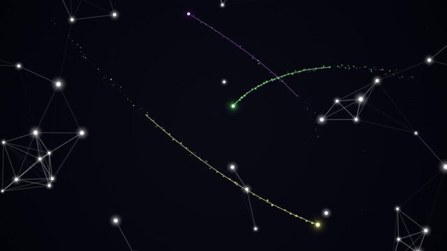 A celestial map displays constellations and shooting stars across a dark night sky from a top-down viewpoint