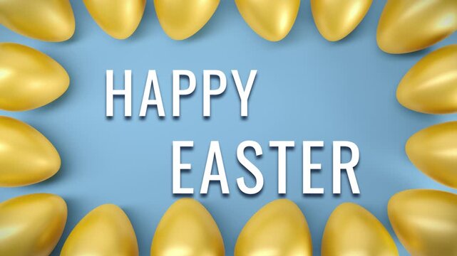 Video animation of sixteen golden Easter eggs on blue background and the message Happy Easter in white - vacation concept - seamless loop.