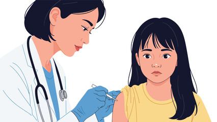 Obraz premium Professional female doctor wearing a white coat and gloves administering a vaccination shot to a young girl patient.