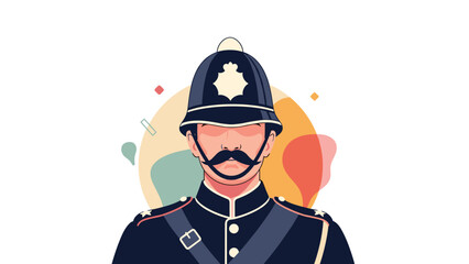 Portrait of a traditional British police officer wearing a classic bobby helmet and uniform with a distinctive large black mustache.