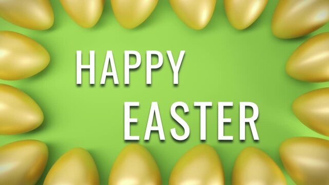 Video animation of sixteen golden Easter eggs on green background and the message Happy Easter in white - vacation concept - seamless loop.