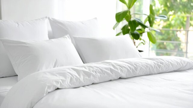 Minimalist white bedding set with soft pillows and duvet in a bright sunlit bedroom interior