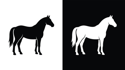 Fototapeta premium Silhouette of a horse standing in profile view against contrasting white and black backgrounds