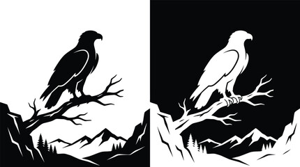 Fototapeta premium Bird perched on branch overlooking mountainside landscape illustration from varied viewpoints