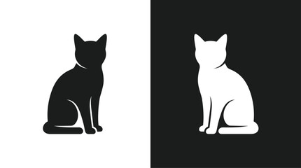 Obraz premium Black and white silhouettes of a cat sitting and facing away, a simple illustration showcasing feline elegance and versatility in design elements.