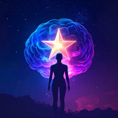 Obraz premium Person standing under starry night sky with glowing brain and star