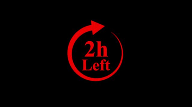 Animated red circular arrow countdown timer displaying 2 hours remaining on a black background, motion graphic