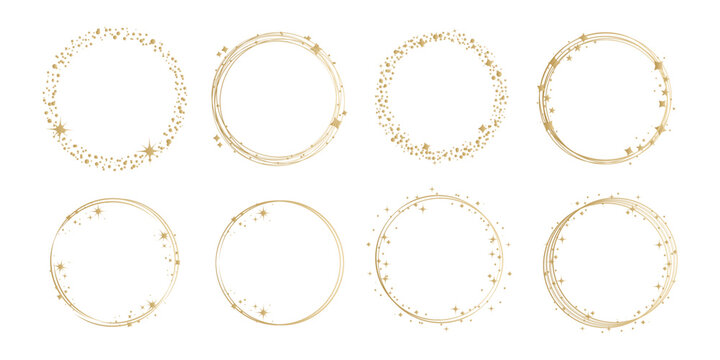 Collection of eight elegant gold circle frames. Decorative round borders with stars, sparkles, and stardust for festive designs, invitations, and logos.