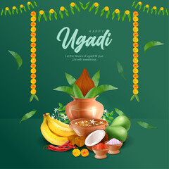 Naklejka premium Rich green festive Ugadi background decorated with marigold garlands and traditional kalash arrangement. Includes coconut, mango leaves, bananas, jaggery and Ugadi pachadi bowl symbolizing the flavors