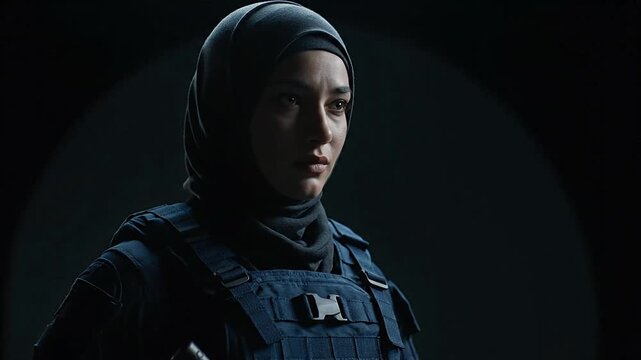 Woman in tactical gear with head covering looking focused in studio