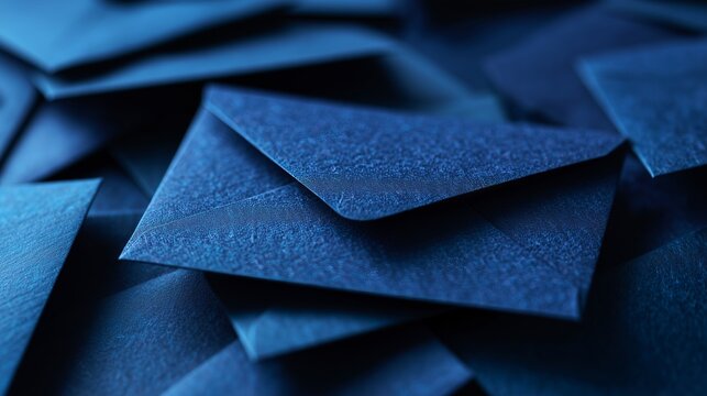 Detailed image of multiple blue envelopes stacked, showcasing texture and color in a close-up shot. Ideal for communication themes.
