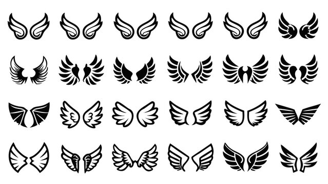 "A comprehensive collection of wing icons and silhouettes on a plain white background. The set is organized into four rows, featuring 20 different pairs of wings. The top two rows consist of linear ou