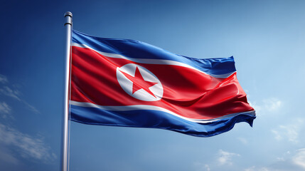 north korean flag waving in blue sky. flag of north korea