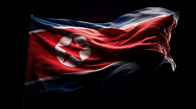 north korean flag waving in the wind. flag of north korea isolated on dark background