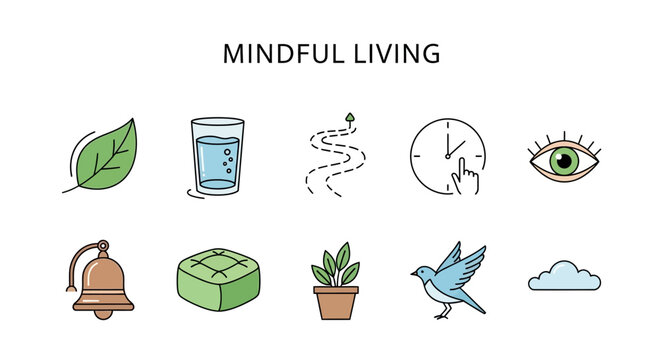 Ten icons illustrating mindful living concepts arranged in two rows under a title