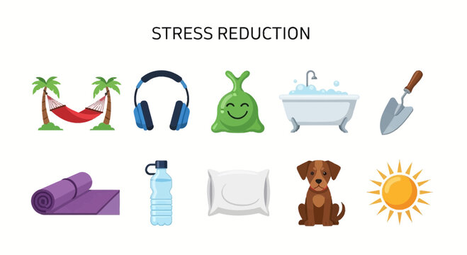 Ten icons illustrating stress reduction techniques arranged in two rows