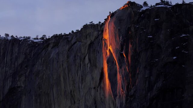 Horsetail Fall firefall event in Yosemite National park, California as it nears end.