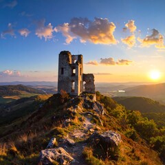 Fototapeta premium Ancient stone structure on a hill at sunset