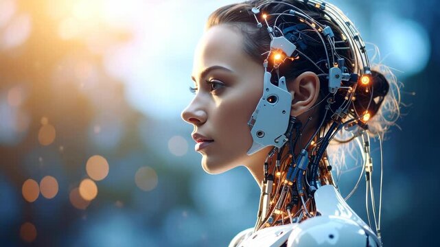 Portrait of a female cyborg with glowing integrated circuitry and robotic components against a soft bokeh background