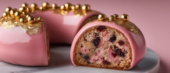Fototapeta premium Deluxe Pink Glazed Cake with Gold Accents and Dried Fruits on Marble Surface