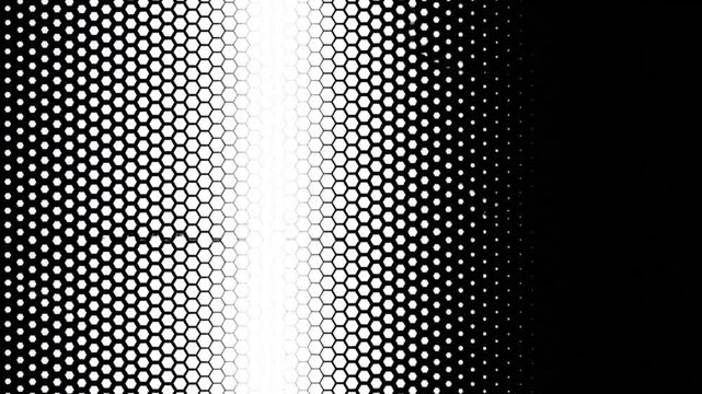 Abstract black and white hexagonal halftone pattern transitions across