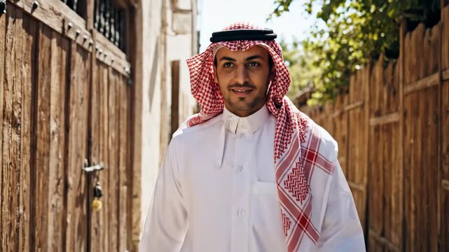 Smiling confident Middle Eastern man in traditional white thobe and red ghutra walking through an old town alleyway