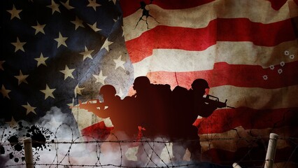 The American flag, along with the silhouette of a soldier. Geopolitical military tensions and the...