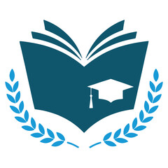 Educational flat design: open book with graduation cap and laurel wreath