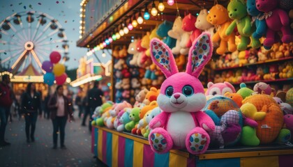 Fototapeta premium Colorful Carnival Scene Featuring Pink Plush Bunny and Vibrant Stuffed Animals at Fairground