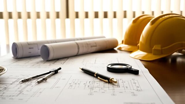 Architectural Blueprint: A detailed blueprint of architectural plans, paired with essential tools and safety equipment, suggesting the intricacies and challenges of construction and design.