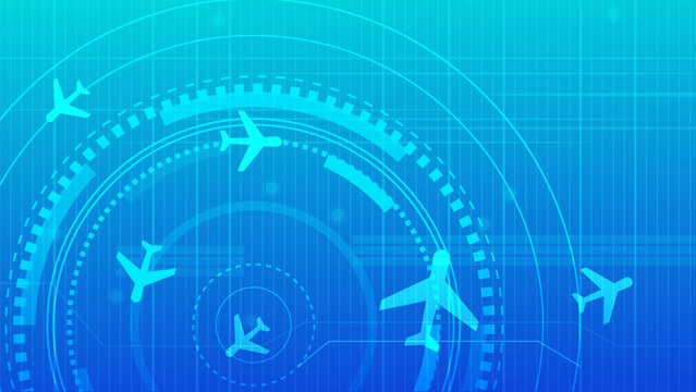 Abstract illustration of airplanes on a futuristic radar screen. Concept for air traffic control, global travel, aviation technology, and logistics.