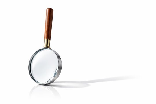 Studio product photo magnifying glass balanced upright on rim handle pointing up isolated on pure white seamless background