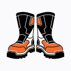 A pair of black and orange boots with white outlines