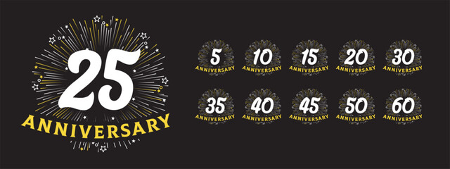 Naklejka premium Set of anniversary celebration logos with festive fireworks design. Includes numbers 5, 10, 15, 20, 25, 30, 35, 40, 45, 50, 60. Vector graphic for jubilee or milestone events.
