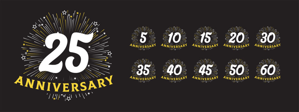 Set of anniversary celebration logos with festive fireworks design. Includes numbers 5, 10, 15, 20, 25, 30, 35, 40, 45, 50, 60. Vector graphic for jubilee or milestone events.