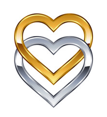two twin gold and silver valentines love hearts linked together vector isolated on transparent background