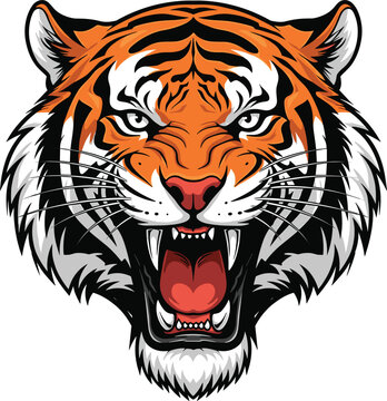 Roaring tiger mascot head vector illustration, fierce orange striped tiger with glowing blue eyes and red mouth for sports gaming tattoo gym logo designs
