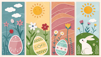 Fototapeta premium Whimsical easter celebration with decorated eggs blooming flowers and a cute bunny against a pastel sunlit sky perfect