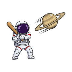 Astronaut in white spacesuit swings baseball bat aiming at saturn with a playful tone isolated on white background © MdSakib