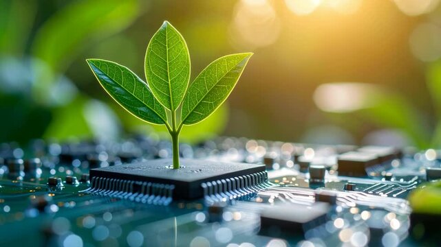 Small green plant growing out of an electronic circuit board microchip with soft bokeh sunlight and nature background