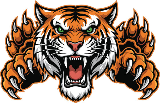 Roaring tiger mascot with flaming claws vector illustration, fierce green-eyed tiger head logo for sports gaming tattoo gym and bold branding designs