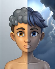 Split cartoon boy portrait showing dual moods with cloudy and blue hair
