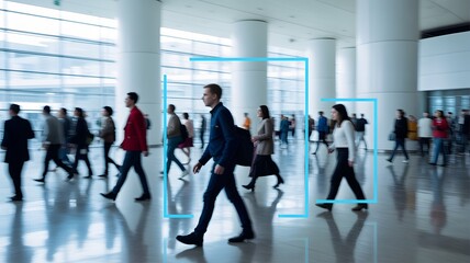 Fototapeta premium Business Professionals Walking in Modern Office with Digital Interface Overlay Representing Corporate Workflow, Data Analytics, Team Collaboration and Smart Workplace Technology